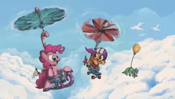 Size: 3200x1800 | Tagged: artist:docwario, balloon, cloud, cloudy, derpibooru import, flying, gummy, pedalcopter, pinkiecopter, pinkie pie, safe, scootaloo, seagull