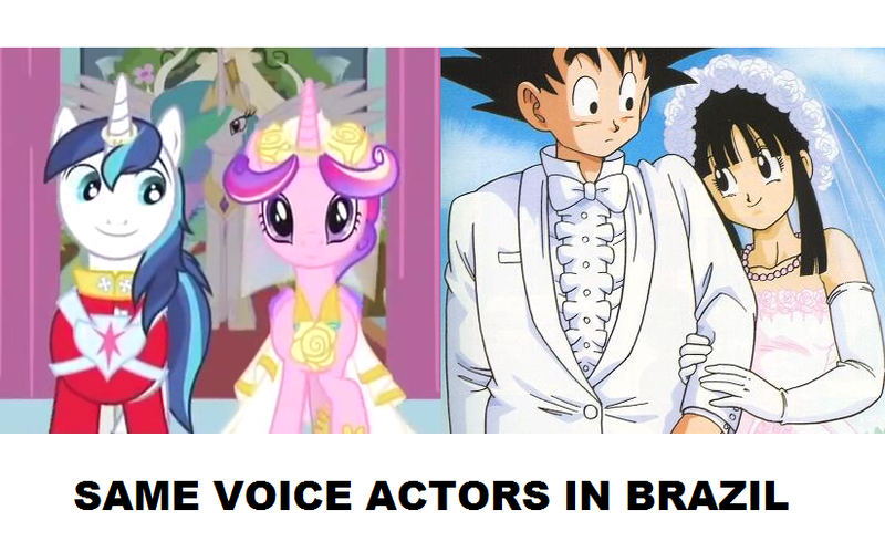 Size: 823x513 | Tagged: a canterlot wedding, brazil, brazilian portuguese, chichi, clothes, derpibooru import, dragon ball, dragon ball z, dress, edit, edited screencap, exploitable meme, female, goku, male, marriage, princess cadance, raquel marinho, royal wedding, safe, same voice actor, screencap, shining armor, shiningcadance, shipping, straight, wedding, wedding dress, wendel bezerra