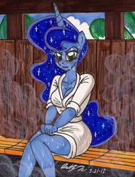 Size: 923x1210 | Tagged: anthro, artist:newyorkx3, bathrobe, blushing, cleavage, clothes, derpibooru import, female, princess luna, robe, safe, sauna, solo, sweat, traditional art