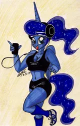 Size: 1088x1695 | Tagged: anthro, artist:newyorkx3, belly button, breasts, cleavage, clothes, exercise, female, headband, headphones, leg warmers, midriff, mp3 player, plantigrade anthro, ponytail, princess luna, safe, shoes, sneakers, solo, sports bra, traditional art