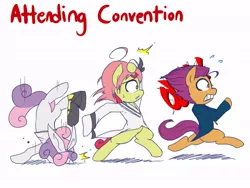 Size: 800x600 | Tagged: safe, artist:starykrow, derpibooru import, apple bloom, scootaloo, sweetie belle, pony, ace attorney, anime, ask, askthecutiemarkcrusaders, bipedal, clothes, convention, cosplay, costume, crossover, cutie mark crusaders, faceplant, kagamine rin, kogami akira, lucky star, phoenix wright, running, vocaloid