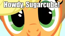 Size: 1061x597 | Tagged: applejack, bronybait, caption, derpibooru import, eyes, hypnosis, hypnosis ponies, image macro, safe, sugarcube