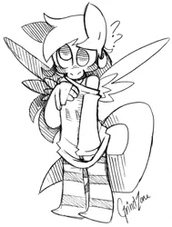 Size: 500x663 | Tagged: anthro, artist:grindzone, clothes, derpibooru import, derpy hooves, monochrome, safe, socks, solo, striped socks, sweater