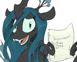 Size: 741x600 | Tagged: artist:sunibee, bronybait, derpibooru import, gravity falls, hoof hold, note, open mouth, queen chrysalis, safe, solo, voting