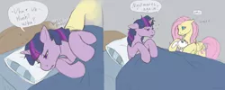 Size: 988x396 | Tagged: artist:mumbles, bed, comic, cute, derpibooru import, fluttershy, ponibooru import, safe, sleeping, sleepover, twilight sparkle