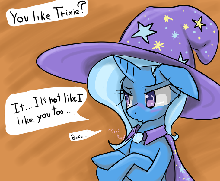 Size: 1280x1054 | Tagged: safe, artist:acharmingpony, derpibooru import, trixie, pony, unicorn, baka, blushing, cape, clothes, crossed hooves, dialogue, doki doki, female, floppy ears, hat, mare, offscreen character, solo, third person, trixie's cape, trixie's hat, tsundere, tsunderixie