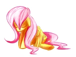 Size: 841x630 | Tagged: safe, artist:kipaki, derpibooru import, fluttershy, pegasus, pony, eyes closed, female, floppy ears, head down, mare, sad, simple background, sitting, solo, white background, wings down