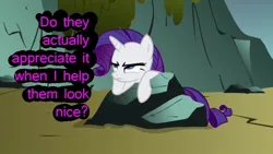 Size: 640x360 | Tagged: derpibooru import, doubt, dragonshy, edit, edited screencap, image macro, inner thoughts, introspective, purple text, rarity, resentment, safe, screencap, solo