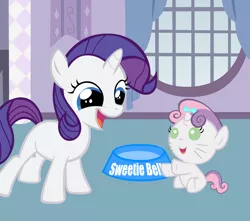 Size: 3000x2650 | Tagged: safe, artist:bronyboy, derpibooru import, rarity, sweetie belle, pony, baby, baby belle, baby pony, behaving like a cat, bow, face doodle, foal, water bowl, whiskers, window