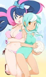 Size: 850x1404 | Tagged: suggestive, artist:miu, derpibooru import, bon bon, lyra heartstrings, sweetie drops, human, adorabon, adorasexy, belly button, big breasts, bikini, blue swimsuit, bon bon is amused, breasts, busty bon bon, busty lyra heartstrings, canter calendar, cleavage, clothes, cute, female, frilled swimsuit, hair bow, human coloration, humanized, lesbian, lyrabetes, lyrabon, one-piece swimsuit, pink swimsuit, polka dot swimsuit, sandals, sexy, shipping, side-tie bikini, string bikini, swimsuit, volleyball, wink