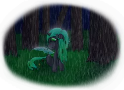 Size: 992x718 | Tagged: artist:wripple, changeling, changeling queen, crying, cute, cutealis, derpibooru import, female, filly, filly queen chrysalis, flower, foal, forest, grass, insect, ladybug, lonely, nymph, queen chrysalis, rain, sad, sadorable, safe, solo focus, younger