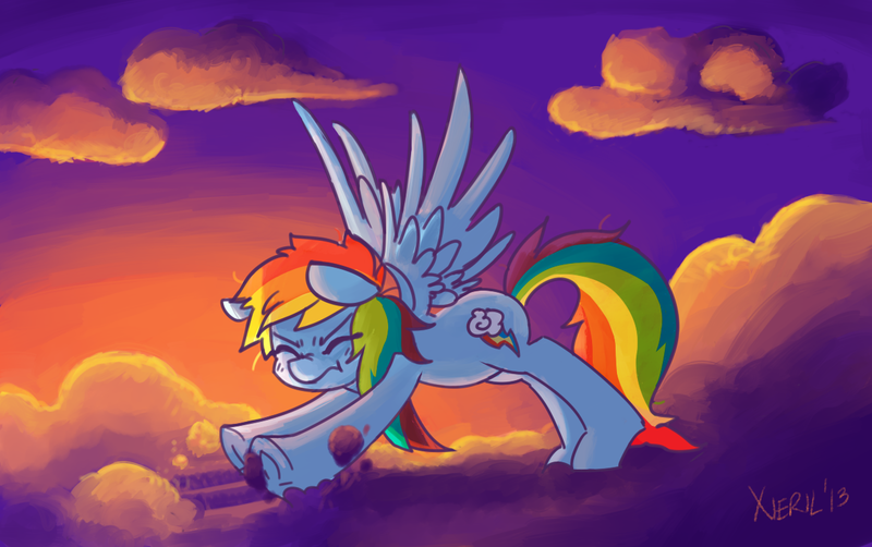 Size: 1224x768 | Tagged: artist:xieril, cloud, cloudy, derpibooru import, morning, morning ponies, rainbow dash, safe, sleepy, solo, stretching, sunrise