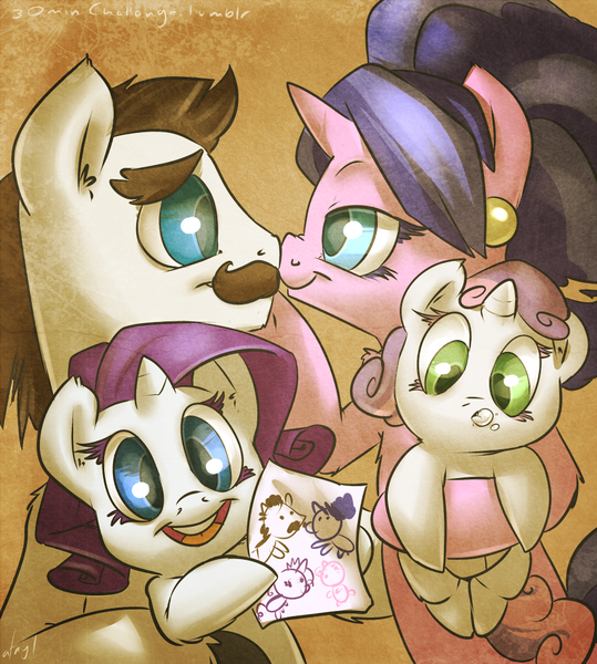 Size: 898x1000 | Tagged: safe, artist:atryl, derpibooru import, cookie crumbles, hondo flanks, rarity, sweetie belle, pony, baby, baby pony, boop, carrying, cookieflanks, cute, diasweetes, drawing, earring, family, filly, foal, moustache, noseboop, nuzzling, raribetes, rarity's parents, spit bubble