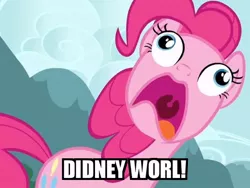 Size: 600x450 | Tagged: safe, derpibooru import, edit, edited screencap, screencap, pinkie pie, earth pony, pony, too many pinkie pies, clone, cropped, didney worl, female, image macro, mare, open mouth, pinkie clone, pinkie frogmouth, solo