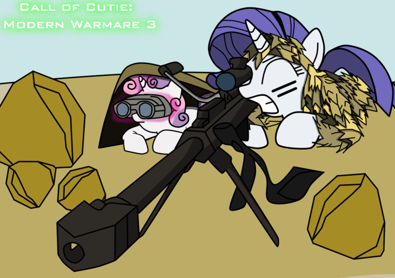 Size: 1024x720 | Tagged: .50 cal, artist:filipinoninja95, barrett, binoculars, call of duty, derpibooru import, gritted teeth, gun, magic, prone, rarity, rifle, rock, safe, scope, sniper, sweetie belle, telekinesis, weapon