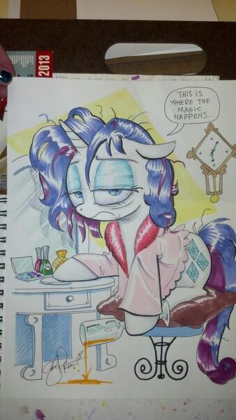 Size: 1024x1816 | Tagged: artist:andypriceart, derpibooru import, holding, morning ponies, rarity, safe, traditional art