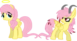 Size: 1693x901 | Tagged: alternate hairstyle, angel, artist:schnuffitrunks, contrast, derpibooru import, devil, devilshy, fluttershy, halo, horn, safe, simple background, transparent background, vector