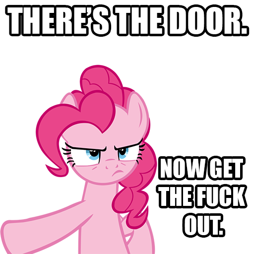 Size: 512x512 | Tagged: derpibooru import, dialogue, gtfo, image macro, pinkie pie, reaction image, safe, simple background, text, transparent background, vulgar