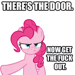 Size: 512x512 | Tagged: derpibooru import, dialogue, gtfo, image macro, pinkie pie, reaction image, safe, simple background, text, transparent background, vulgar