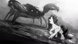 Size: 1024x576 | Tagged: artist:genjilim, badass, crab, derpibooru import, epic, fight, giant crab, grayscale, monochrome, rarity, rarity fighting a giant crab, safe, size difference, water