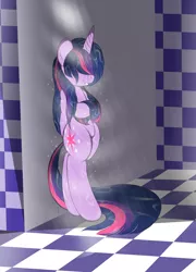 Size: 2435x3386 | Tagged: suggestive, artist:v-d-k, derpibooru import, twilight sparkle, pony, bipedal, crying, gritted teeth, hair over eyes, hidden eyes, lonely, sad, shower, solo, wet mane