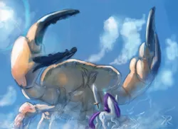 Size: 1050x765 | Tagged: safe, artist:raikoh, derpibooru import, rarity, crab, giant crab, pony, unicorn, butt, female, fight, levitation, magic, mare, plot, rarity fighting a giant crab, sword, telekinesis, weapon