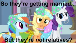 Size: 1280x720 | Tagged: safe, derpibooru import, edit, edited screencap, screencap, applejack, rainbow dash, rarity, pony, a canterlot wedding, bridesmaid dress, clothes, dress, incest, text