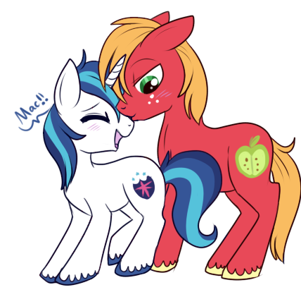 Size: 428x414 | Tagged: safe, artist:lulubell, derpibooru import, big macintosh, shining armor, earth pony, pony, blushing, eyes closed, eyes on the prize, gay, kissing, male, shiningmac, shipping, simple background, stallion, white background