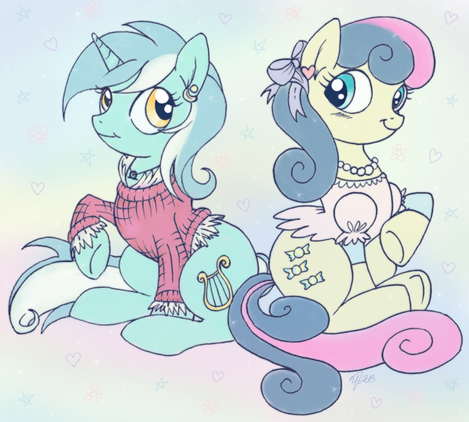 Size: 942x848 | Tagged: safe, artist:opallene, derpibooru import, bon bon, lyra heartstrings, sweetie drops, earth pony, pony, unicorn, abstract background, bow, clothes, duo, ear piercing, earring, heart, jewelry, necklace, piercing, ribbon, smiling, sweater