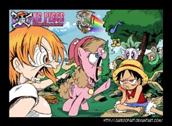 Size: 1365x1000 | Tagged: safe, artist:jaredofart, derpibooru import, derpy hooves, pegasus, pony, crossover, female, going merry, mare, monkey d luffy, nami, one piece, pandaman, pony pony chopper, roronoa zoro, sogeking, style emulation, usopp