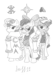 Size: 952x1315 | Tagged: akainu, aokiji, apple bloom, artist:limpurtikles, cutie mark crusaders, derpibooru import, kizaru, monochrome, one piece, parody, safe, scootaloo, sweetie belle, traditional art