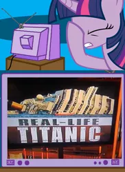 Size: 560x771 | Tagged: boat, costa concordia, cruise ship, derpibooru import, entertainment tonight, exploitable meme, facehoof, meme, safe, ship, titanic, tv meme, twilight sparkle