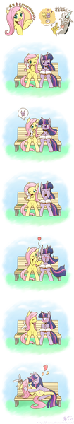 Size: 1181x6732 | Tagged: angel bunny, artist:howxu, bedroom eyes, bench, blushing, book, chinese text, comic, derpibooru import, discord, eye contact, eyes closed, female, floppy ears, fluttershy, heart, hug, kissing, lesbian, prank, prankstershy, safe, shipping, smiling, sunglasses, surprised, surprise kiss, sweat, twilight sparkle, twishy, wide eyes, wink