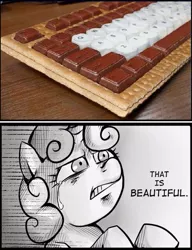 Size: 537x700 | Tagged: chocolate, cookie, derpibooru import, exploitable meme, keyboard, marshmallow, safe, sweetie belle, that is beautiful