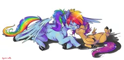 Size: 1329x648 | Tagged: safe, artist:xenon, derpibooru import, rainbow dash, scootaloo, pegasus, pony, alternate hairstyle, blushing, boop, cheek fluff, chest fluff, cute, cutealoo, dashabetes, ear fluff, female, filly, fluffy, grin, happy, horses doing horse things, leg fluff, mare, noseboop, nuzzling, on back, ponytail, prone, rolling, scootalove, shoulder fluff, simple background, smiling, spread wings, underhoof, unshorn fetlocks, white background, wing fluff, wings