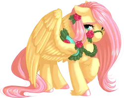 Size: 1204x951 | Tagged: safe, artist:kittehkatbar, derpibooru import, fluttershy, pegasus, pony, bridle, colored eyebrows, colored hooves, cute, female, flower, harness, large wings, leg fluff, looking at you, mare, raised hoof, rose, saddle, shy, simple background, solo, spread wings, transparent background, unshorn fetlocks, wings