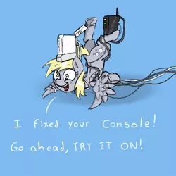 Size: 800x800 | Tagged: safe, artist:ichibangravity, derpibooru import, derpy hooves, pegasus, pony, console, controller, cute, derpabetes, female, legs in air, mare, nailed it, nintendo, open mouth, router, smiling, solo, spread wings, tangled up, underhoof, video game, wide eyes, wii