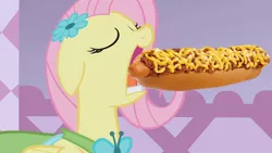 Size: 1280x720 | Tagged: safe, derpibooru import, edit, edited screencap, screencap, fluttershy, pegasus, pony, suited for success, cheese, chili dog, chilli, clothes, dress, eating, female, fluterweeb, food, funny, gala dress, hot dog, mare, meat, ponies eating meat, sausage