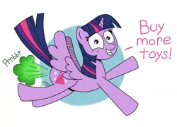 Size: 800x575 | Tagged: safe, artist:jay muniz, derpibooru import, twilight sparkle, twilight sparkle (alicorn), alicorn, pony, buy our toys, fart, fart noise, female, flying, grin, illuminati, looking at you, mare, smiling, solo, spread wings, twilight fartle, wide eyes