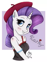 Size: 900x1200 | Tagged: anthro, artist:joakaha, beatnik rarity, beret, clothes, derpibooru import, earring, hat, heart, rarity, safe, tanktop