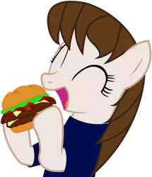 Size: 762x888 | Tagged: all-american girl, artist:totallynotabronyfim, bacon double cheeseburger, burger, cheeseburger, derpibooru import, hamburger, happy, meat, oc, oc:dj martinez, omnivore, ponies eating meat, safe, unofficial characters only