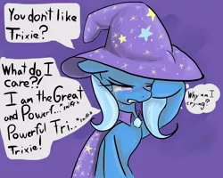Size: 1280x1024 | Tagged: safe, artist:acharmingpony, derpibooru import, trixie, pony, unicorn, bad end, cape, clothes, crying, dialogue, floppy ears, great and powerful, hat, sad, simple background, sniffling, solo, third person, thought bubble, trixie's cape, trixie's hat, tsundere, tsunderixie