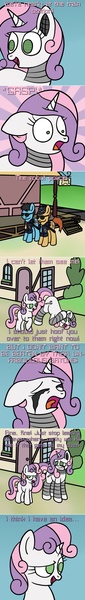 Size: 500x3512 | Tagged: safe, artist:scramjet747, derpibooru import, sweetie belle, pony, robot, robot pony, unicorn, friendship is witchcraft, blank flank, comic, cutie mark, eyes closed, female, filly, foal, future sweetie bot, hooves, horn, male, mare, older, open mouth, police, ponyville, self ponidox, stallion, sunglasses, sweetie bot, sweetie bot replies