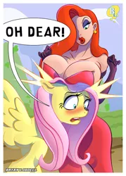 Size: 572x800 | Tagged: artist:bryan-lobdell, big breasts, blushing, boobhat, breasts, cleavage, clothes, derpibooru import, dress, embarrassed, female, fluttershy, jessica rabbit, side slit, suggestive, who framed roger rabbit