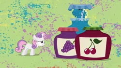 Size: 1280x720 | Tagged: safe, derpibooru import, screencap, hugh jelly, sweetie belle, unicorn, hearts and hooves day (episode), abstract background, cherry jam, duo, faic, female, filly, grape jam, hearts and hooves day, jam, jelly, male, stallion, the perfect stallion