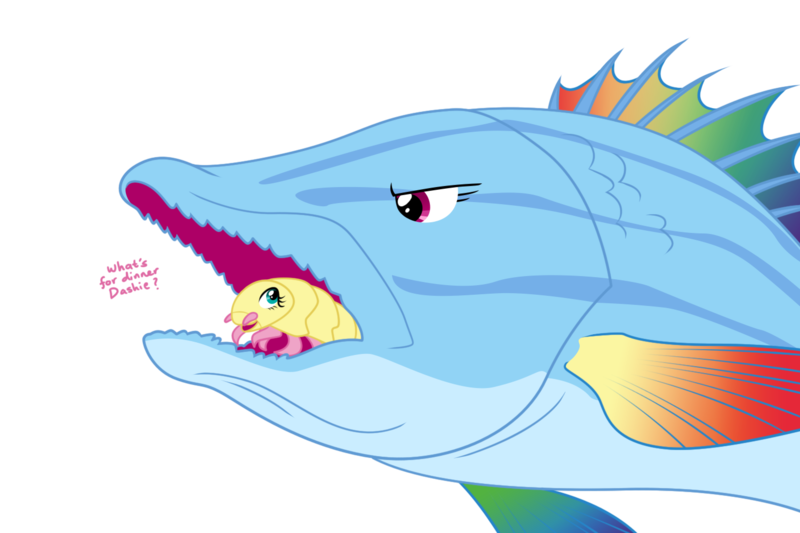 Size: 1500x1000 | Tagged: safe, artist:equestria-prevails, derpibooru import, fluttershy, rainbow dash, fish, isopod, cymothoa exigua, female, fishified, flutterdash, flutterprey, frown, glare, lesbian, not salmon, open mouth, parasite, rainbow trout, salmon yet not salmon, shipping, simple background, smiling, species swap, tongue eating isopod, transparent background, unamused, vore, wat