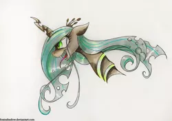 Size: 1015x715 | Tagged: safe, artist:foxinshadow, derpibooru import, queen chrysalis, changeling, changeling queen, female, smiling, solo, traditional art