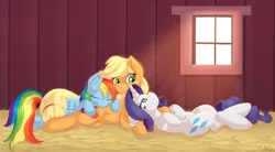 Size: 2430x1340 | Tagged: safe, artist:ratofdrawn, derpibooru import, applejack, rainbow dash, rarity, earth pony, pegasus, pony, unicorn, appledash, applejack gets all the mares, belly button, eyes closed, female, freckles, hay, lesbian, mare, ot3, polyamory, raridash, rarijack, rarijackdash, shipping, smiling, window