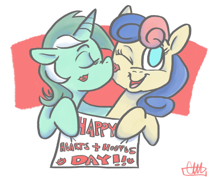 Size: 1200x998 | Tagged: safe, artist:romaniz, derpibooru import, bon bon, lyra heartstrings, sweetie drops, earth pony, pony, unicorn, eyes closed, female, happy, hearts and hooves day, kiss mark, kissing, lesbian, lipstick, lyrabon, one eye closed, shipping, sign, smiling, valentine's day