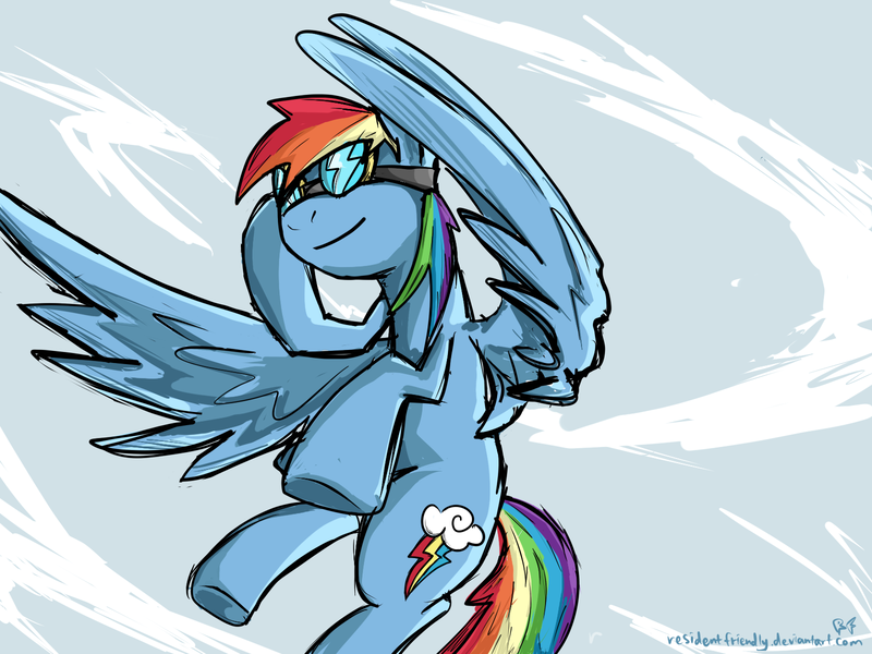 Size: 1600x1200 | Tagged: safe, artist:residentfriendly, derpibooru import, rainbow dash, action pose, flying, goggles, solo